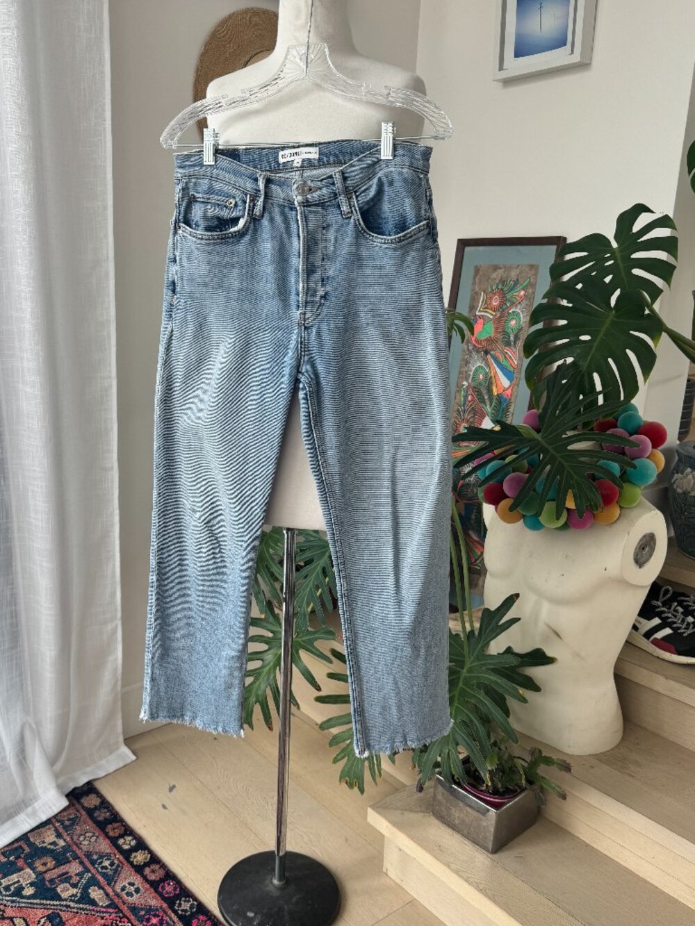 RE/DONE Straight Leg Mid Rise Denim Button Fly Jeans Fray Hem 27